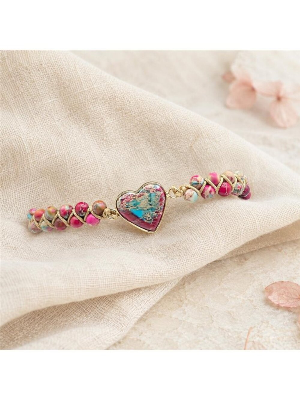 Pink Turquoise Sea Sediment Jasper Heart Macrame Slider Bracelet Gold Tone